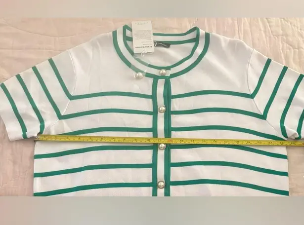 Pretty Garden Striped Short Sleeve Cardigan Sweater Green White Pearl Buttons L Size L