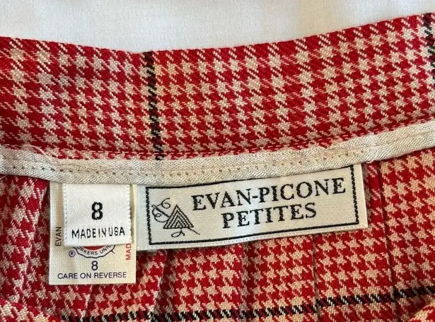 Evan Picone Vintage Women's 8 Evan-Picone Petites Red Pleated Midi Skirt Herringbone Plaid