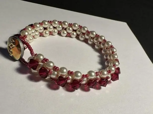 Women’s Handmade Pink Bead Faux Pearl Beaded Bracelet 7 1/2 Inch