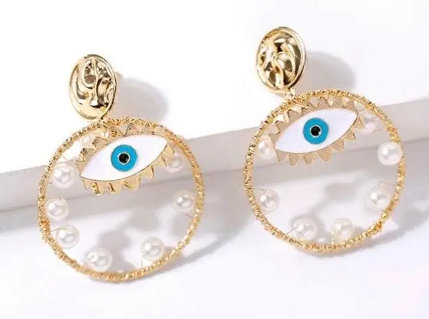 Evil Eye Pearl Beaded Stud Drop Earrings Gold