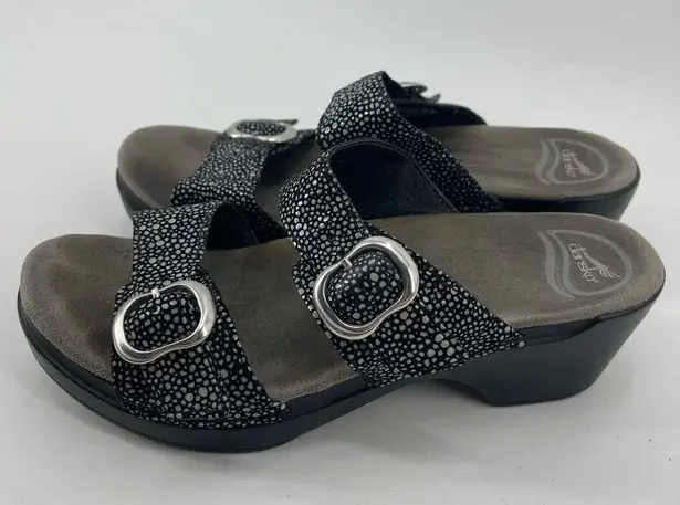 Dansko  Womens Wedge Sandals Slip On Leather Shagreen Metallic Black Size 38