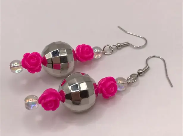 Handmade Disco Ball and Pink Rose Pink Pony Club Aesthetic Beaded Earrings