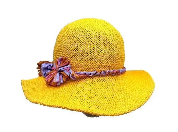 Inverni Hat Yellow Raffia Flower Trim Sun Beach Garden Party Floppy Italy