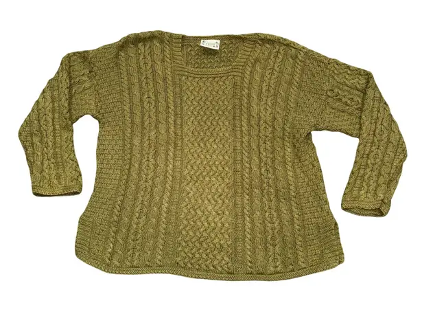 Carraig Donn Aran Knit Cotton Sweater Olive Green Cable Knit Size L Size L