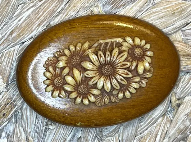 Vintage Floral Carved Celluloid Wooden Brooch Brown