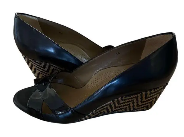 Anyi Lu Women's Black Leather Peep Toe Wedge Heels Size 9.5 Black