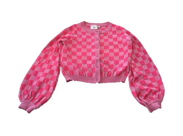 Daisy Street Boxy Cropped Cardigan In Pink Checkerboard Knit Woman’s Large