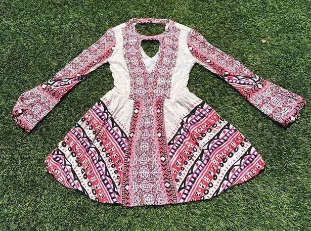 Free People  Boho long sleeve Tegan Border Printed Mini Dress XS