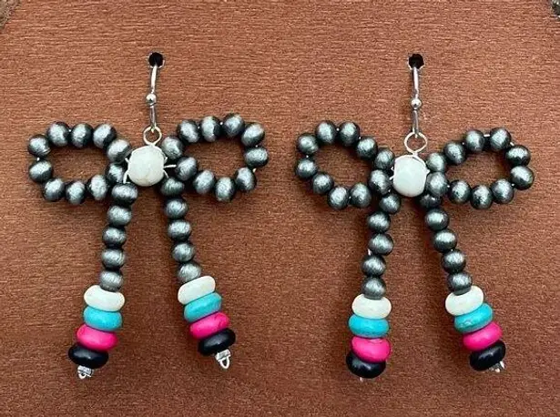 Navajo Style Pearl Bow Earrings with White, Turquoise, Pink & Black Disks Silver