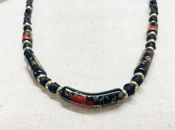 Vintage Black Floral Ceramic Bead Cord Necklace Witchy Goth Romantic