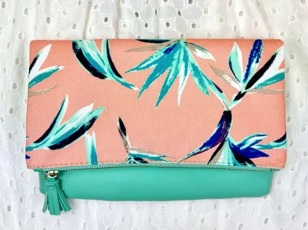 Rachel Pally Reversible Clutch Mint/Coral Tropical Floral Print Fold Over Bag