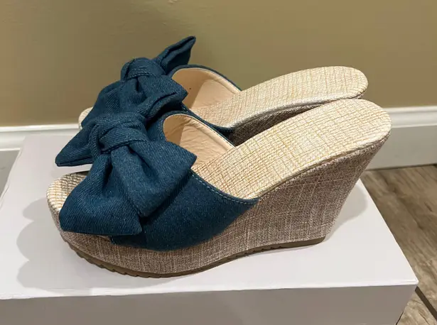 Denim Bow Wedges Sandals Jeans sandals Slip on Summer Shoes Open Toe Slippers Multiple Size 6