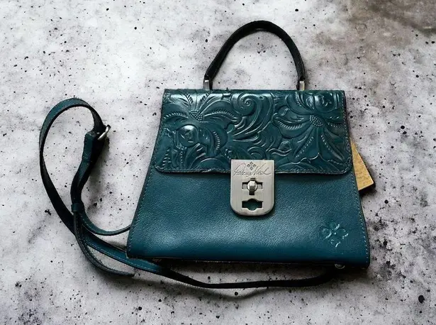 Patricia Nash New Chauny Floral Tooled Leather Satchel Handbag Purse Blue Coral