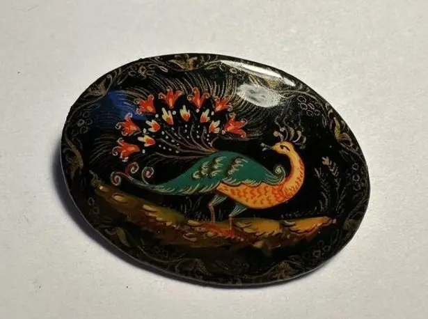 Hand Painted Lacquer Peacock Bird On Black Background Brooch