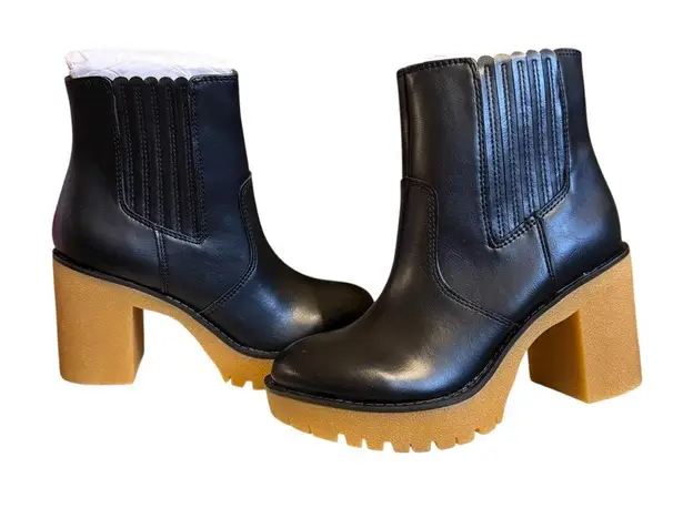 Brand New Elegant Black Heeled Boots with Tan Sole by Sun + Stone Size 5 Women’s