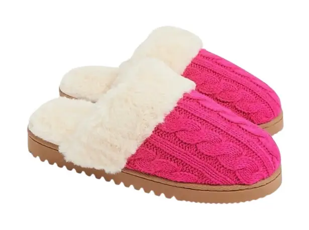 NEW J. Crew Pink Cable Knit Scuff Faux Fur Slippers Size 10