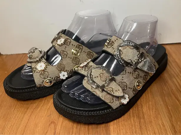 Jin Duo Sandals Womens Size 10 Brown Floral Buckle Slide Platform Shoes