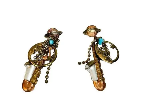 The Moon Saxophone,   and Saturn charm dangle earrings copper gold and blue hue music