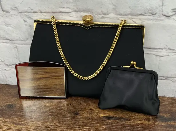 Vintage Coblentz Original Black Satin Gold Frame Evening Clutch Purse Coin Purse