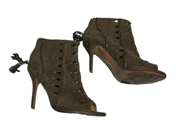 Report Olive Green Cutouts Brads Moto Heels Size 9 Cowboy Western Fringe Biker