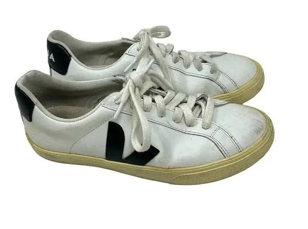 VEJA Esplar Leather White Plantine Sneakers Black Logo Size US 6
