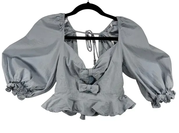 Mable Smocked Crop Top Bow Tie Blouse Puff Sleeve Tie Back Blue Size M Blue Size M