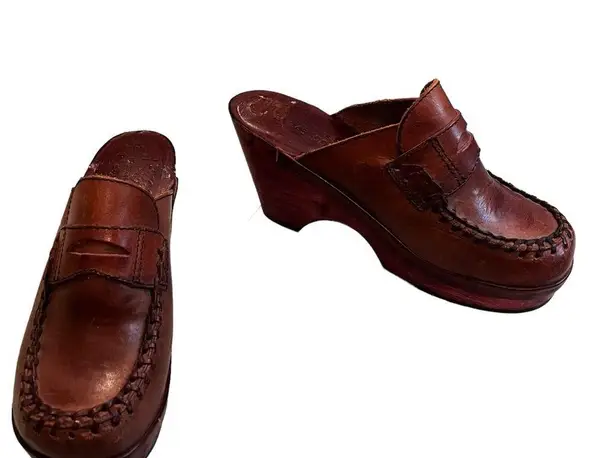 Vintage Regency Leather Wooden Platform Mules Brown Size 6