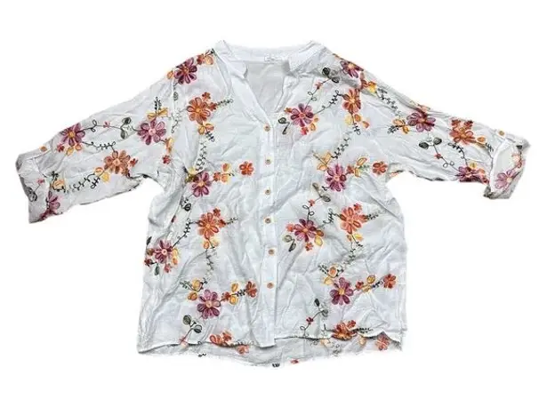 Kindred Women's 3XL Floral Embroidered V-Neck Button Up Blouse 3/4 Sleeve Boho