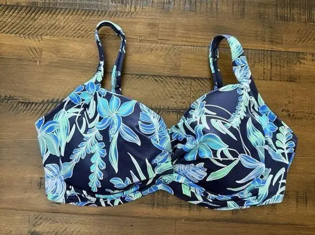 Lands End Blue Front Twist Underwired Bra Support Bikini Top Size 14DD UPF50