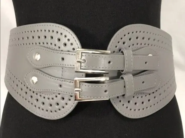 Faux Leather Stretch Double Buckle Belt, Gray, M/L