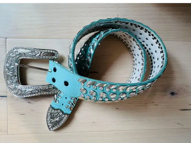Y2K Bling Belt Size medium Blue/Green Rhinestone Chunky silver Buckle Blue