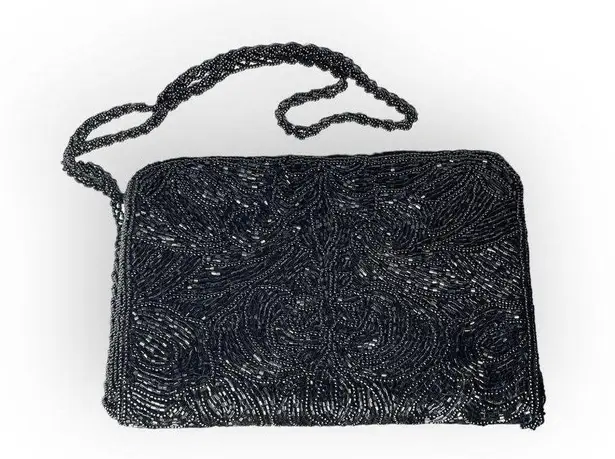 La Regale Vintage 50’s:  LTD ♕ Silk Beaded Convertible Clutch Evening Bag ♕ Black