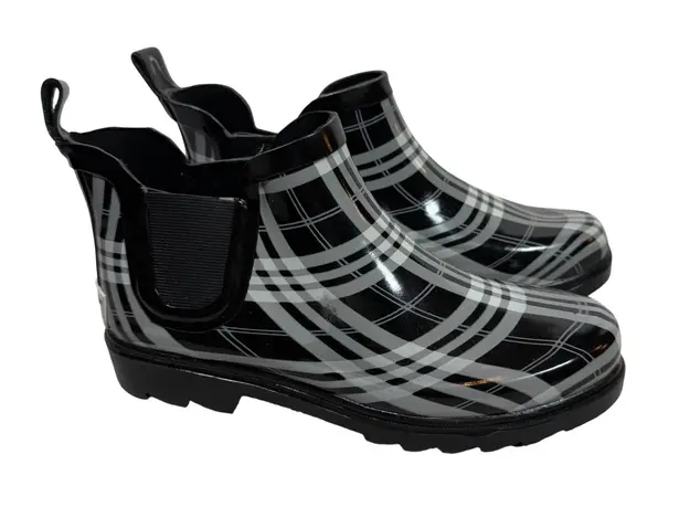 Forever Young Womens Plaid Chelsea Ankle Rain Boots Black White Gray Size 7 Pull On