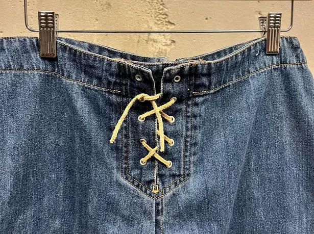 Carolina Blues Lace Up Suede Leather Tie Denim Maxi Skirt Renaissance Modest 10