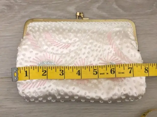 La Regale LTD beaded clutch white pink feather vintage