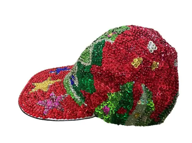 None Sequin All over Christmas Tree Stars Ornaments Glam Bling Baseball Cap Hat