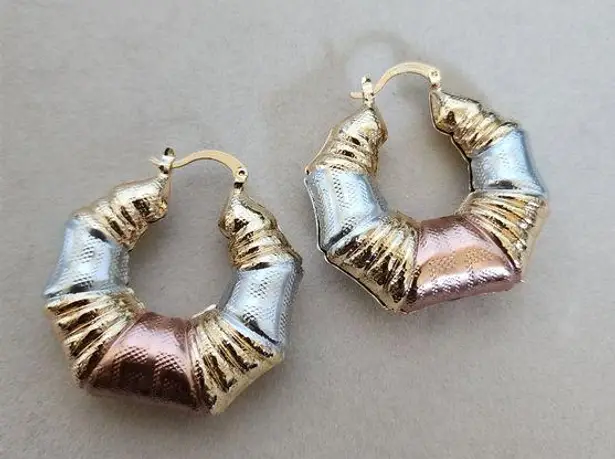 Tricolor Gold Filled Chunky Hoop Earrings Greek Key Design