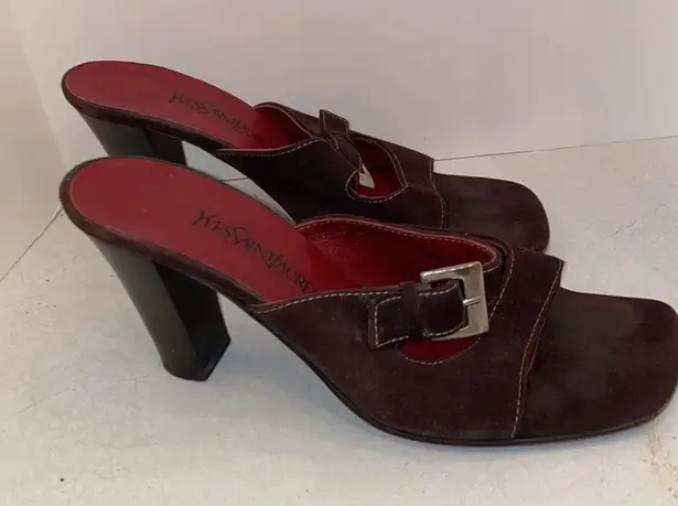 YSL Brown Suede Vintage Square Toe Buckle Sandal Heel Pump Size 6