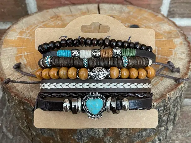 Faux Leather Bracelet Set with Turquoise Heart Brown