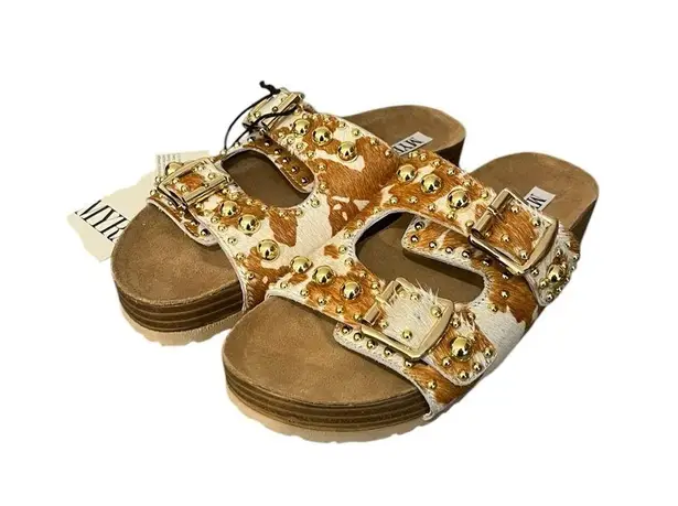 NWT Myra Dumble Leather Cowhair Studded Strappy Buckle Slide In Sandals Sz 7 White