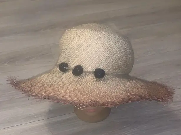 Nine & Co. Nine West Tan Wide-Brimmed Hat with Black Beads Floppy Straw