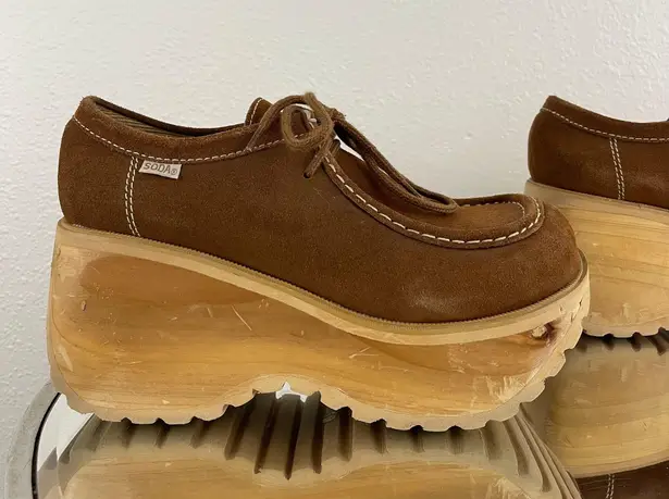 Soda Vintage Y2K Brown Suede Leather Moccasin Chunky Platform Wooden Shoes