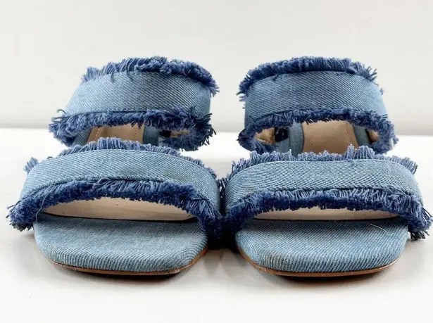 Schutz  Amely Slip On Fringed Double Strap Mid Block Denim Mule Sandal Blue 8