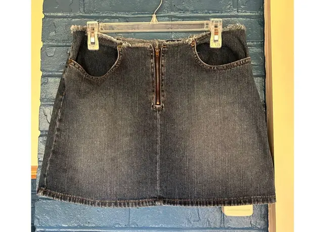 Candie's Denim Mini Skirt Frayed Hem Y2K Front Zip Pockets Blue