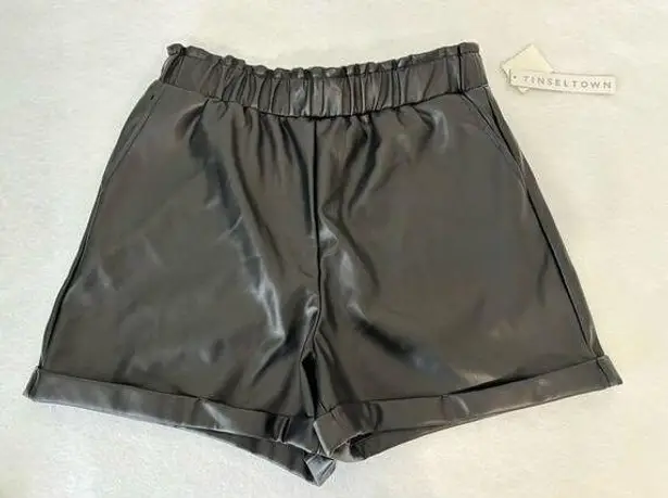 Tinseltown  Paperbag Shorts Faux Leather High Waist Black Womens Size Medium (f1)