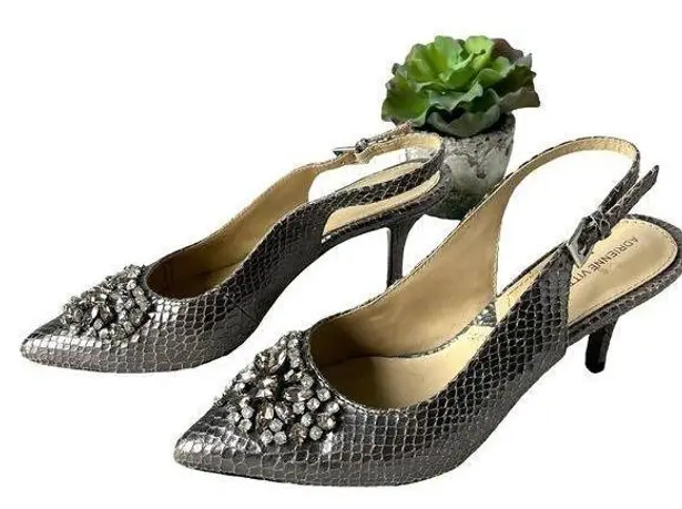 Adrienne Vittadini Surya Slingback Shoes Sz 6M Snake Skin Crystals Pewter Glam