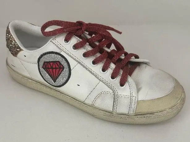 Saint Laurent Paris White Leather Glitter Diamond Patch Low Top Sneakers Size 36