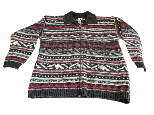 BASH Full Zip Knit Sweater Jacket L Nordic Fair Isle Pattern Gray Red Wool Blend Size L