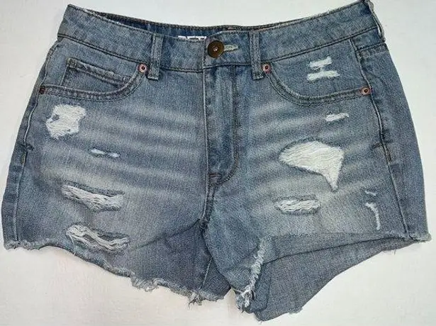 Bethany Mota Womens High Rise Midi Denim Blue Jean Shorts Size 4 Distressed