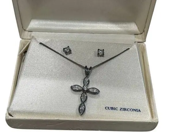 Charter Club NIB Holy Cross Necklace & Earrings Set - Silver Tone Cubic Zirconia